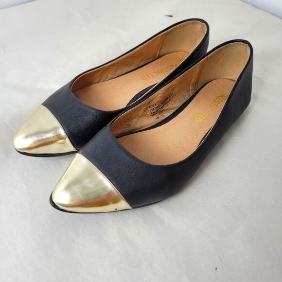Restricted Leather Ballet Flat Shoes Black Gold Cap Two Tone Formal Slip On 6 - Picture 1 of 10